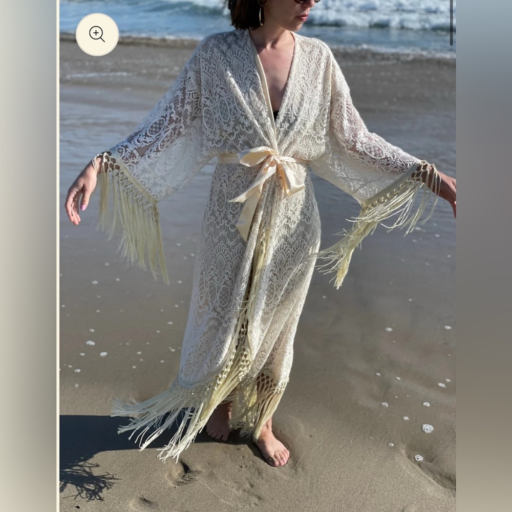 New *rare* Camas Lily Deadstock Fabric Lace Robe Kimono XS-XL Boho Wedding Layer - Picture 4 of 11